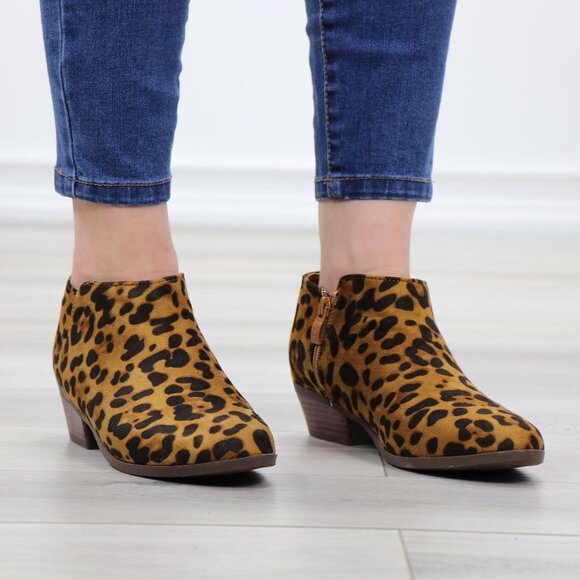Faux Suede Leopard Low Heel Ankle Boots - Picture 4 of 13